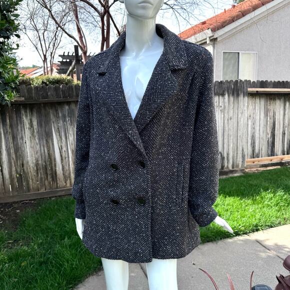 Vintage Black Double Breasted Peacoat Coat Juniors 9 Speckled Tweed 80s - Picture 1 of 10